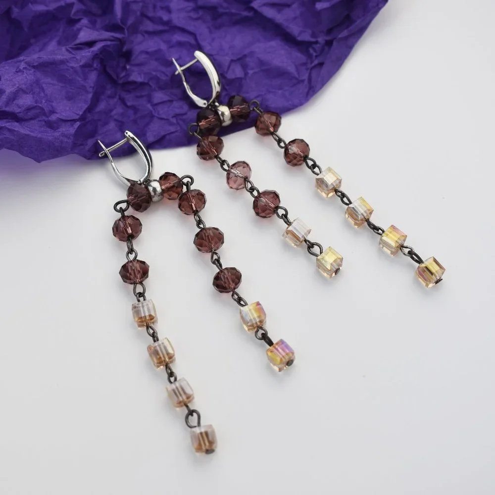 Unusual chandelier earrings, long fancy eye catching summer earrings statement